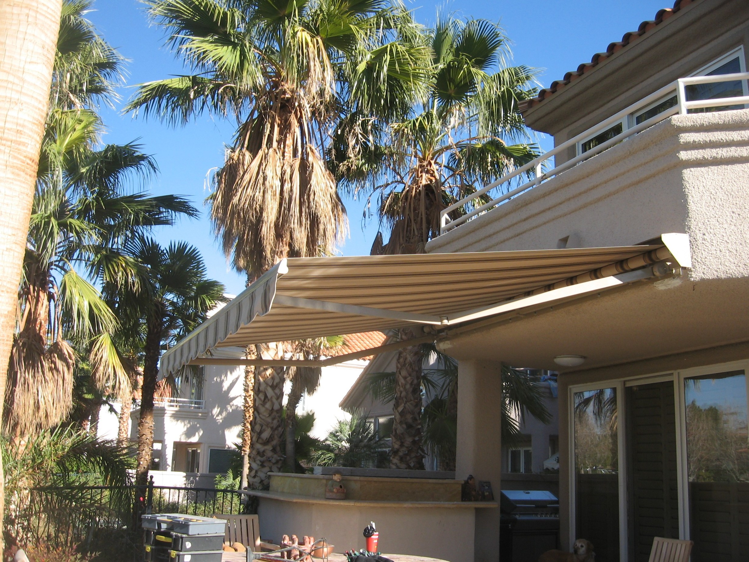 an backyard with palm trees using a Polarshade retractable awning